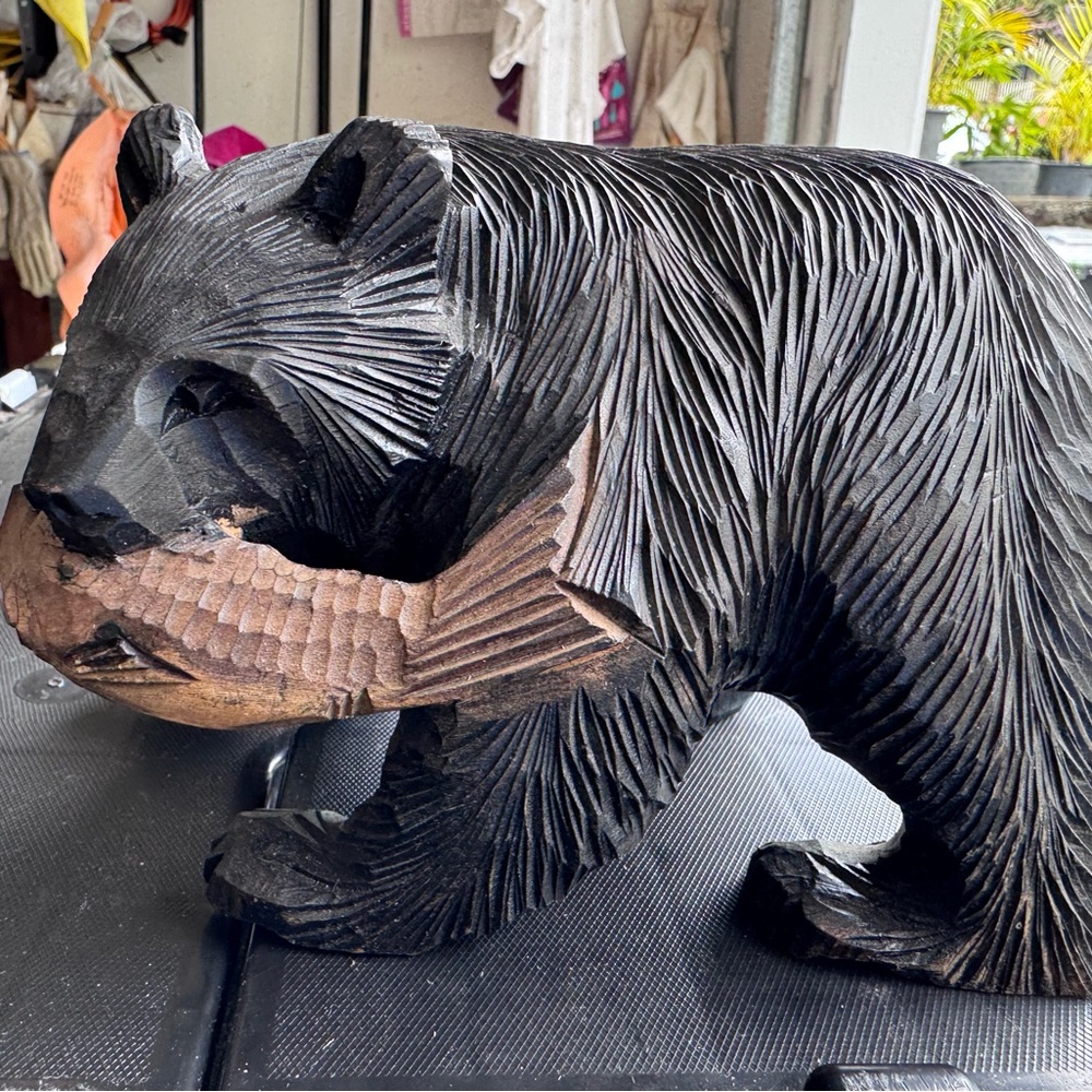 Hand Carved Kibori Kuma Black Bear Sculpture Hokkaido Japan with Base